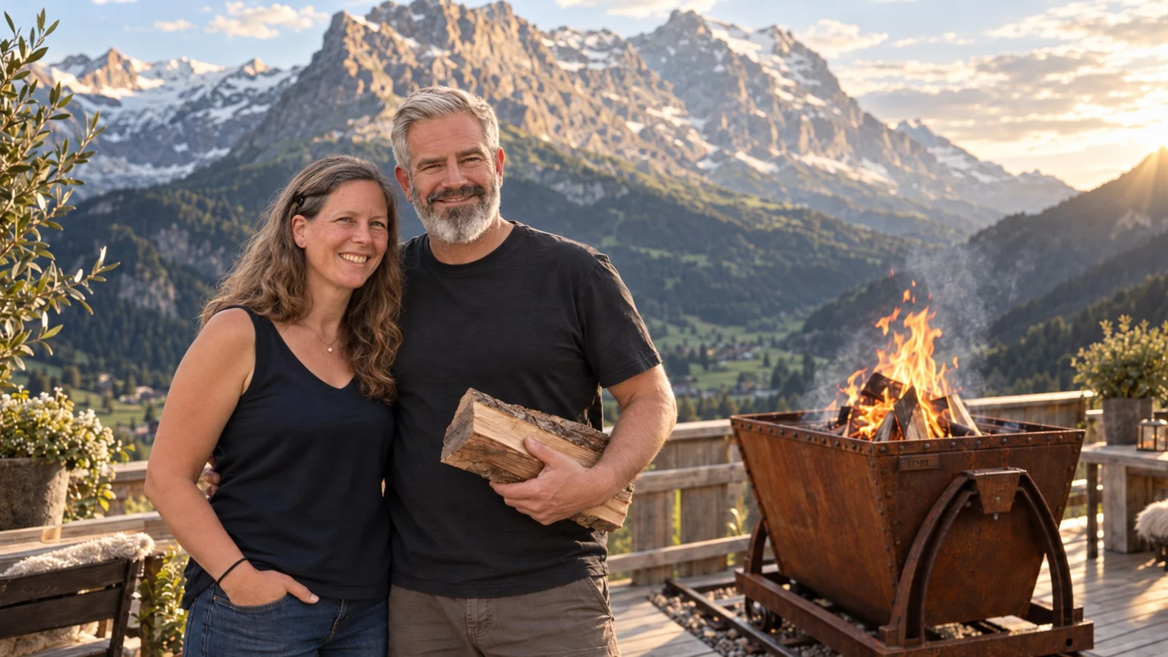 Carmen und Benjamin Zweifel auf einer Terrasse in den Berner Alpen, neben einer brennenden Feuerschale