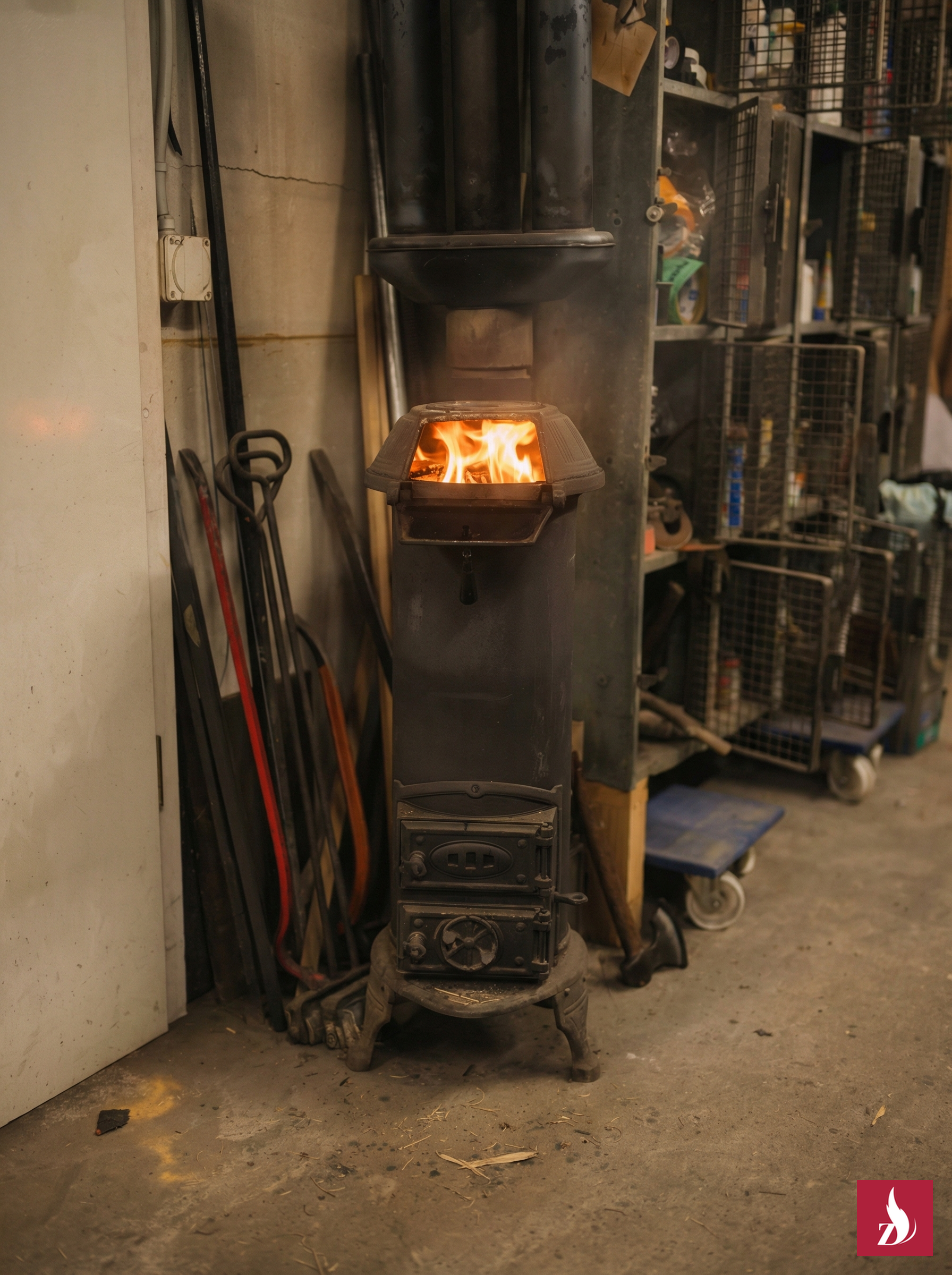 Dieser gusseiserne Werkstattofen sorgt für wohlige Wärme. Auch Ofenbauer schätzen die Effizienz und Gemütlichkeit einer Holzfeuerung in der Werkstatt. Das rustikale Design fügt sich nahtlos in die industrielle Umgebung ein.