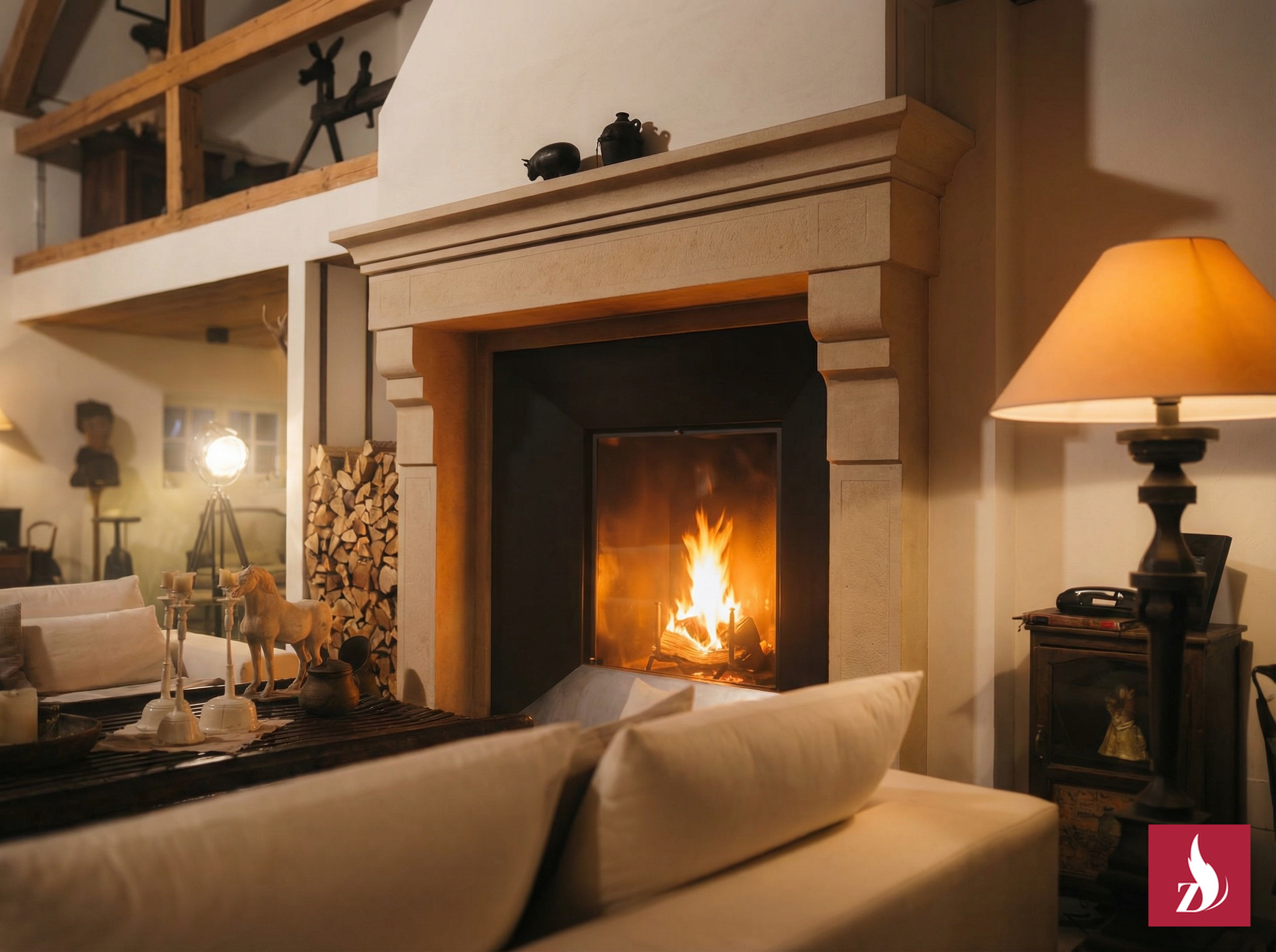 Diese Cheminée-Anlage wurde in einem Haus im Mittelland verbaut und versprüht eine einladende, französische Atmosphäre. Der massive, helle Natursteinrahmen und die klare Linienführung des Einsatzes fügen sich harmonisch in das rustikale Ambiente ein. Das lodernde Feuer sorgt für Wärme und Gemütlichkeit.