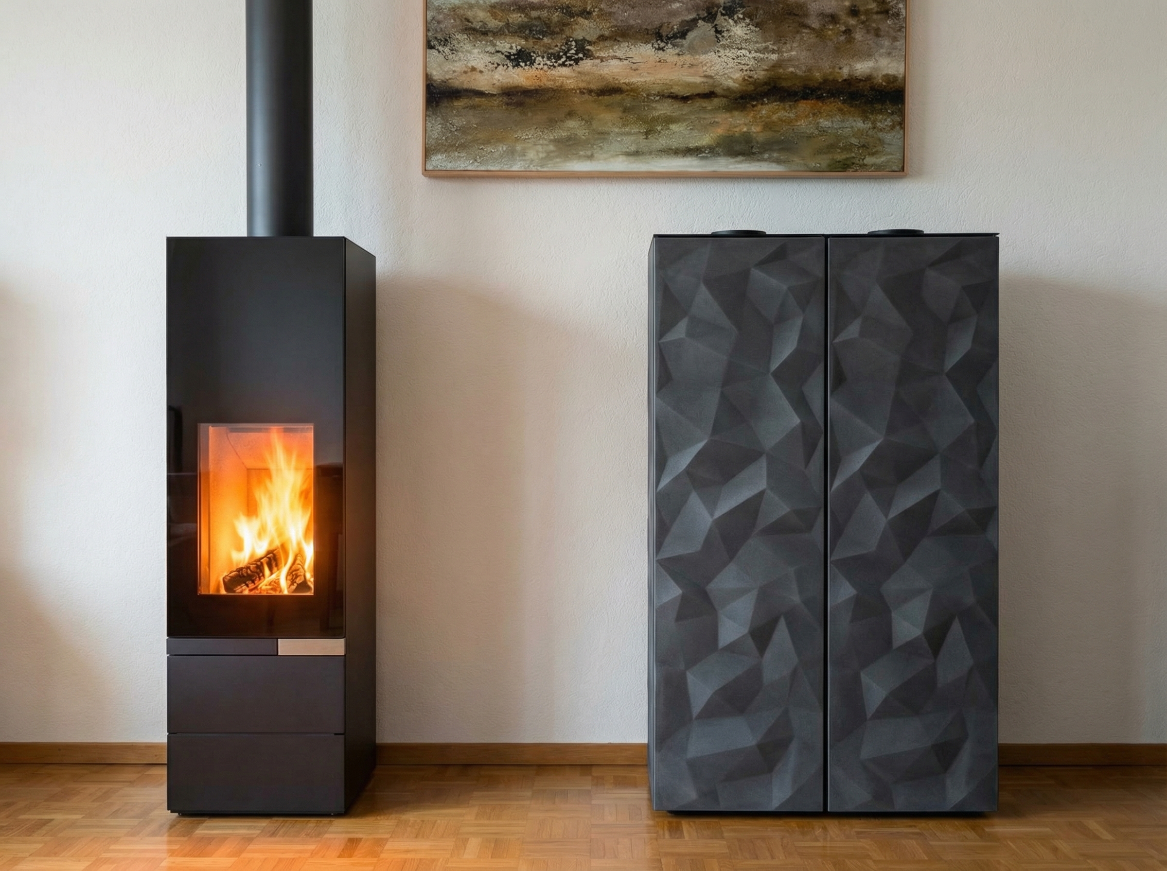 Dieser moderne Kaminofen besticht durch sein elegantes Design mit einer schwarzen Glasfront und einer strukturierten Seitenverkleidung. Die Kombination aus Funktion und Ästhetik macht ihn zu einem Blickfang in jedem Wohnraum. Der Ofen steht auf einem Holzboden vor einer hellen Wand. Dieses Model durfte Zweifel Ofenbau für die Firma Tiba AG gestalten.