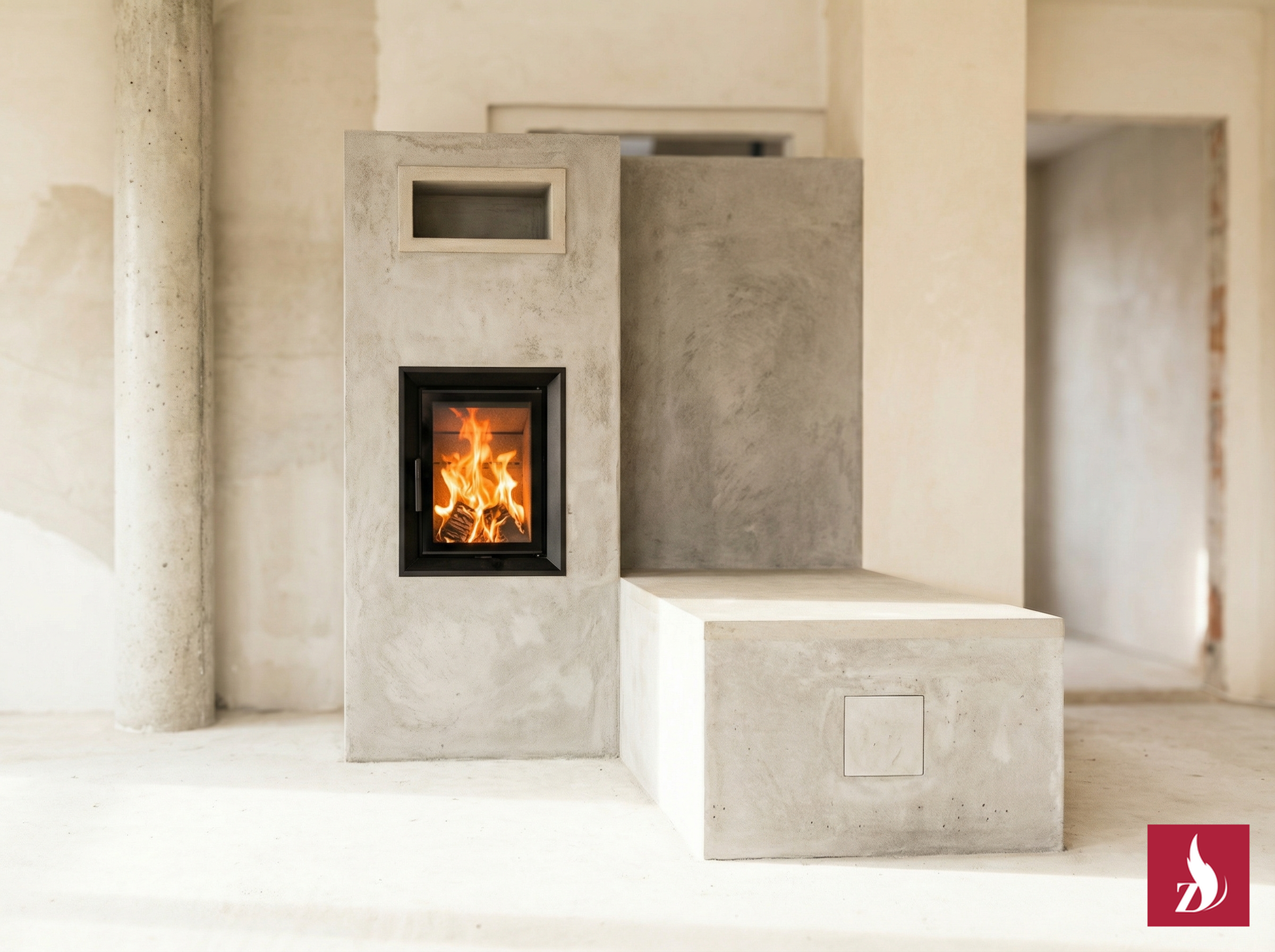 Abgebildet ist ein moderner Speicherofen mit rechteckiger Brennkammer und Sichtfenster. Die graue Verkleidung des Ofens besteht aus einem glatten,  mineralischen  Spachtel. Der Ofen befindet sich in einem Einfamilienhaus.