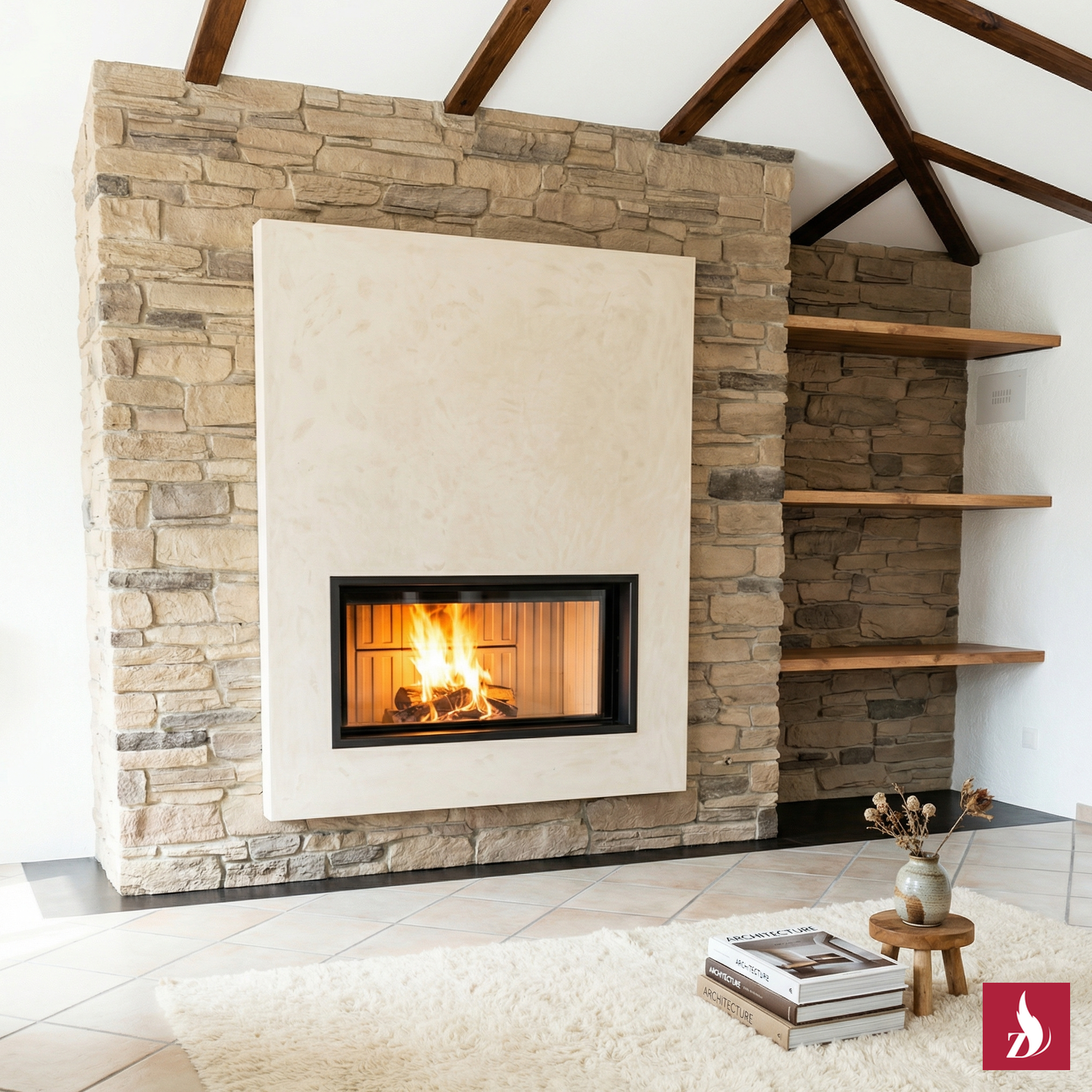 Diese von Zweifel Ofenbau massgefertigte Cheminée-Anlage vereint rustikale Steinoptik mit einem modernen, minimalistischen Design. Die sorgfältig ausgewählten Natursteine harmonieren perfekt mit der schlichten Verkleidung des Feuerraums und den integrierten Regalen. Ein Meisterwerk handwerklicher Perfektion, das Wärme und Behaglichkeit in jeden Raum bringt.