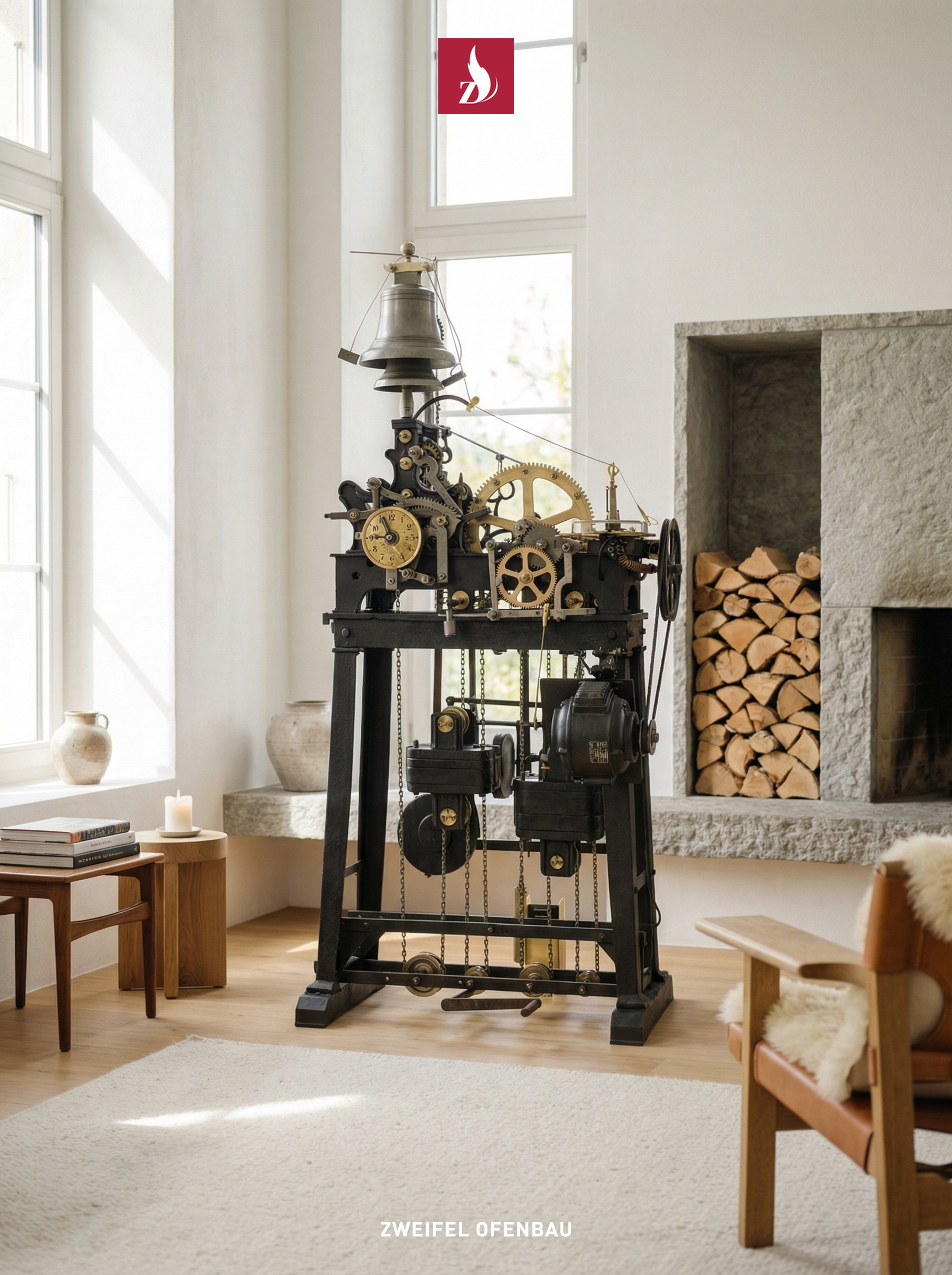 In unserer Werkstatt restaurieren wir sorgfältig historische Turmuhrwerke. Dieses Uhrwerk ist auf einem gelben Rollwagen montiert, was die Arbeit erleichtert. Die komplexen Zahnräder und Gewichte zeugen von traditioneller Handwerkskunst.
