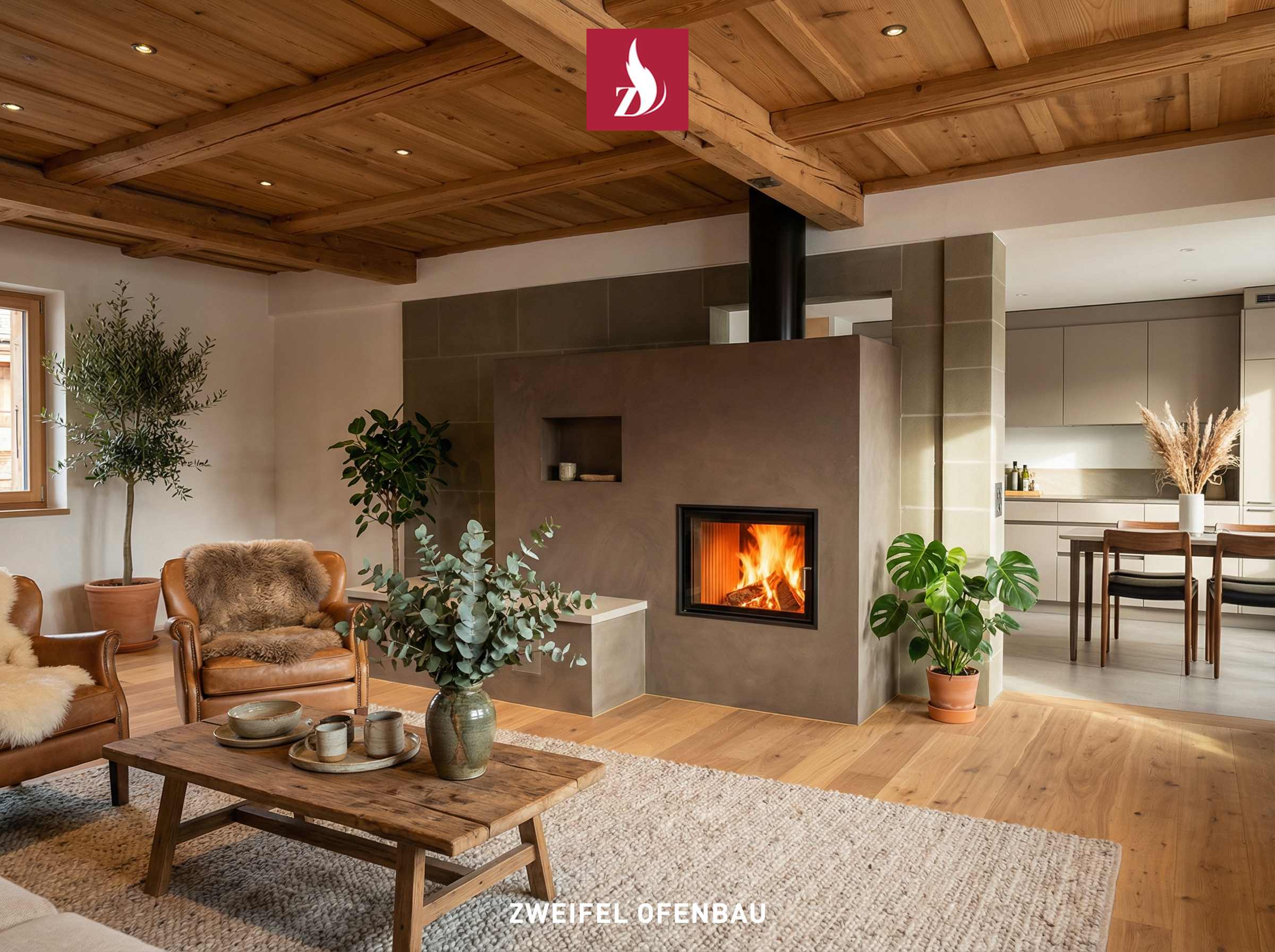 Dieser massgefertigte Speicherofen von Zweifel Ofenbau vereint moderne Ästhetik mit traditioneller Handwerkskunst. Die Sichtbeton-Oberfläche harmoniert perfekt mit dem warmen Holz und schafft eine einladende Atmosphäre. Ein Meisterwerk, das Wärme und Design in Einklang bringt.
