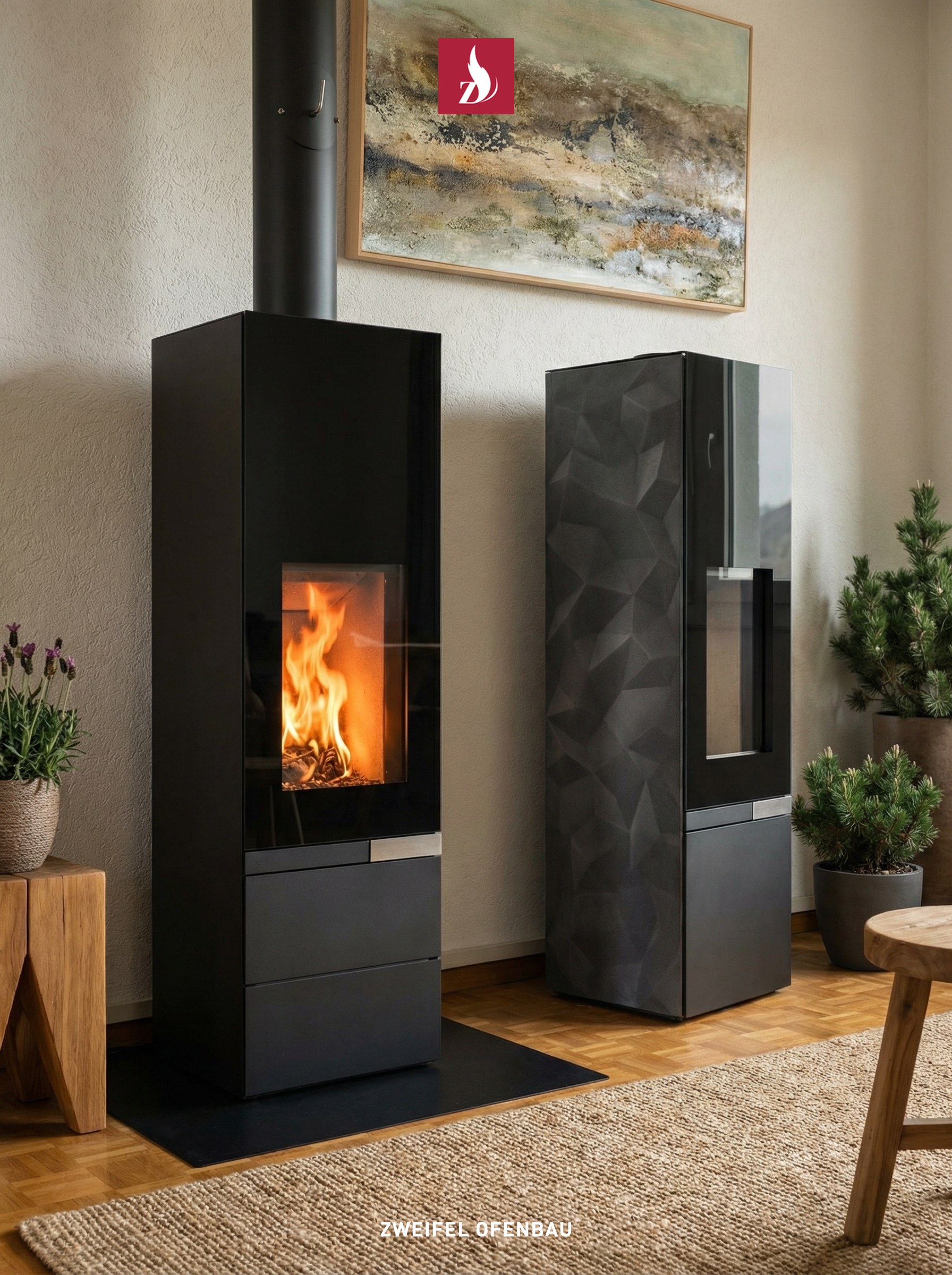 Dieser Kaminofen, gefertigt von Zweifel Ofenbau, vereint moderne Ästhetik mit höchster Funktionalität. Die Spiegelung des Feuers in der Glasfront erzeugt ein faszinierendes Lichtspiel und macht den Ofen zum Mittelpunkt des Raumes.
Die Seitenplatten "Stealth" wurden mit 3-D Druck konzipiert. Die Oberfläche des Ofen ist rund 10% grösser als bei einer geraden Platte. 
Die Strahlungswärme wird durch die verschiedenen Winkel, besser im Raum verteilt