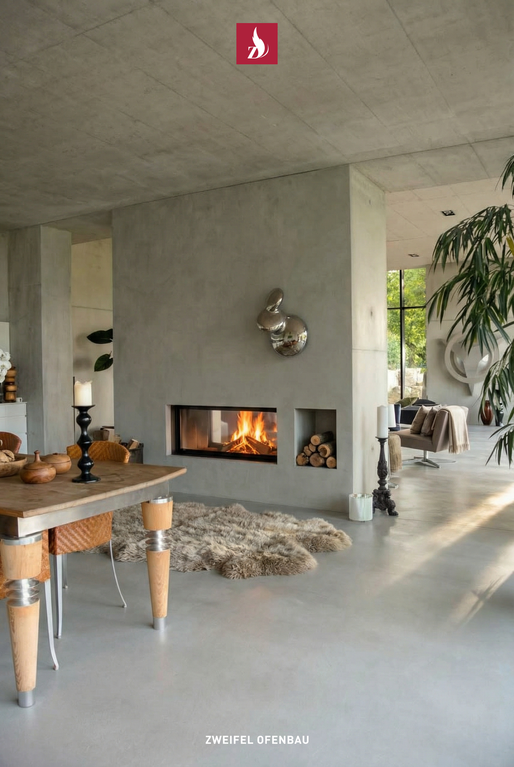 Diese Cheminée-Anlage fügt sich nahtlos in die moderne Sichtbeton-Architektur ein. Die reduzierte Formgebung und die hochwertige Verarbeitung unterstreichen den minimalistischen Charakter des Raumes. Der Tunnel-Brennraum hat Wirkung auf beide Seiten.