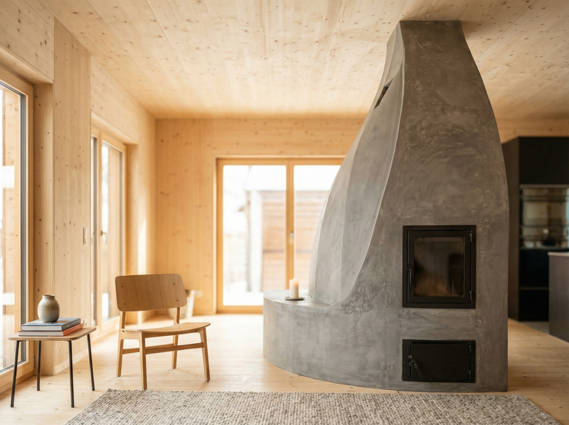 Diese individuell gestaltete Feuerstelle fügt sich harmonisch in das moderne Holzhaus ein. Die geschwungene Form und die Sichtbeton-Oberfläche bilden einen spannenden Kontrast zum warmen Holz. Der Ofen dient als Raumteiler und sorgt für eine behagliche Atmosphäre.