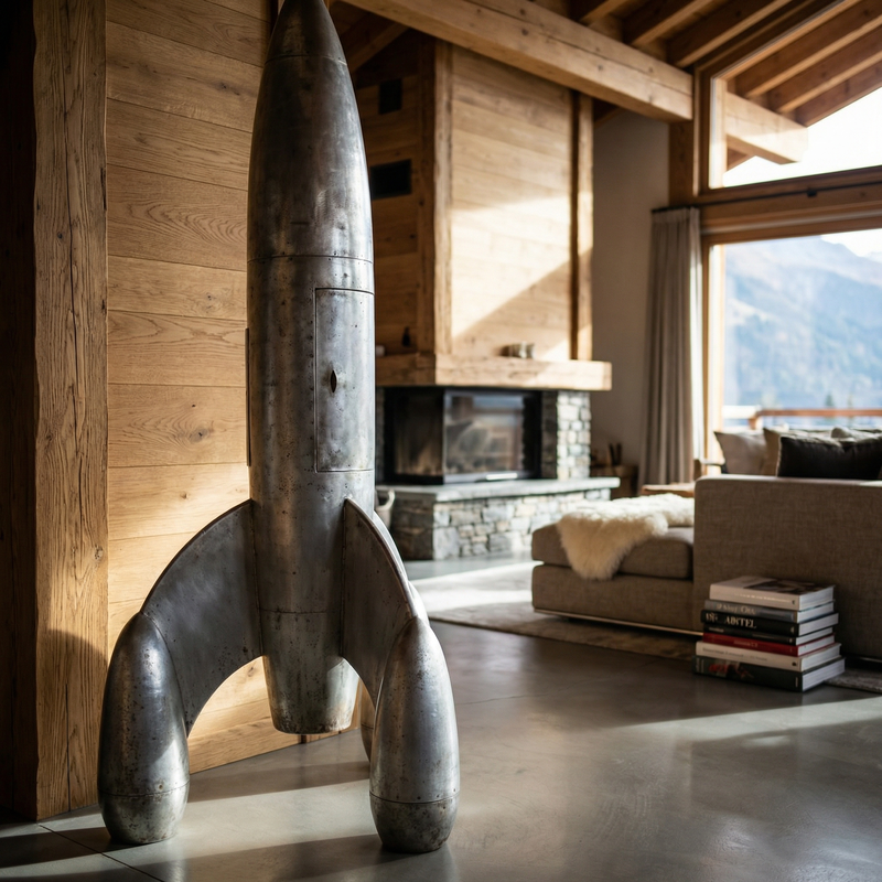 Diese Raketen-Skulptur aus Metall wird zum Blickfang in jedem Raum. Das restaurierte Fundstück verleiht dem modernen Interieur einen Hauch von Retro-Charme und Abenteuerlust. Ein besonderes Objekt, das Geschichte erzählt.