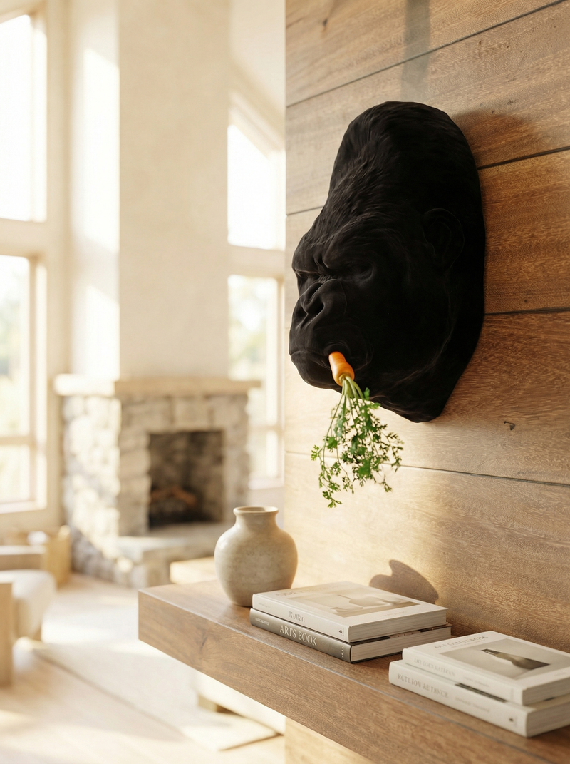 Eine dunkle Gorilla-Skulptur aus Stoff liegt auf Holzdielen. Im Maul hält die Skulptur eine Karotte mit Grün.